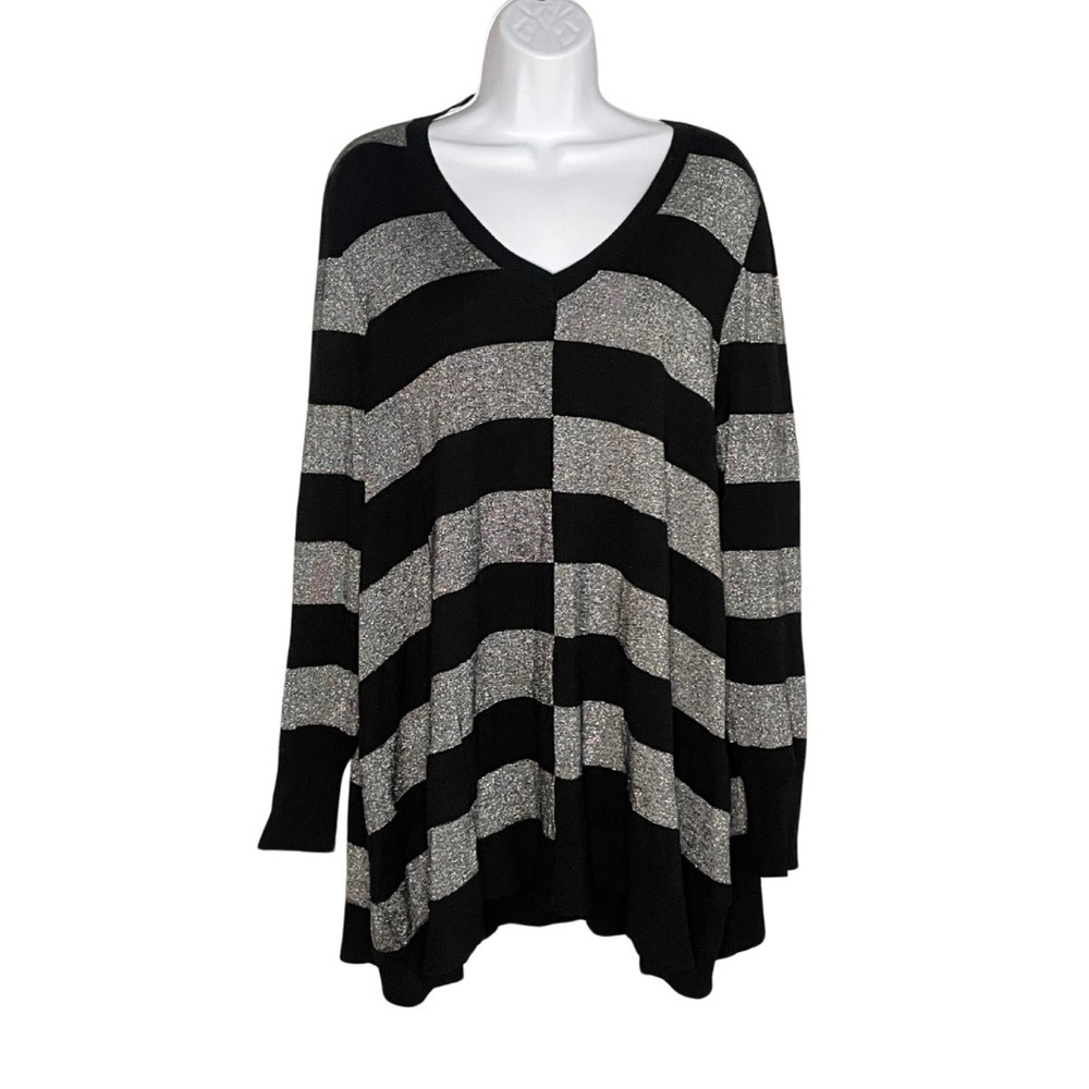 Lane Bryant Striped V-Neck Tunic Top Plus Size 18/20 | Long Sleeve Black Gray